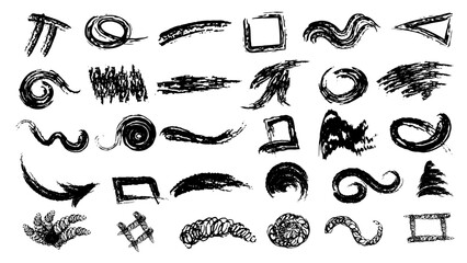 Crayon arrow sketches collection Marker underline. Grunge brush strokes, lines, ink smudges, hand-drawn scribble shapes. Chaotic scribbling, artistic design elements set. Black grunge brush strokes.