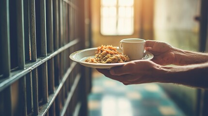 Serving a Meal on a Plate Inside an Imprisonment Hallway with Bars and Natural Light