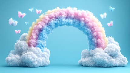 Pastel rainbow arch in clouds with butterflies.