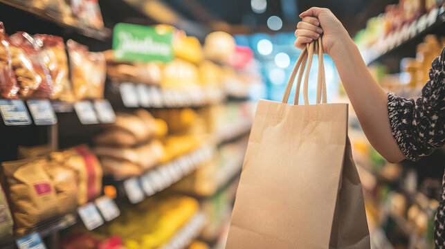 Hand Holding Brown Paper Bag in Grocery Store Aisle with Shelves of Food Products