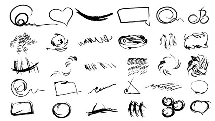 Set of hand drawn Black pen marker shapes. waves, squiggles, freehand stripes, rough underline hand drawn brush strokes. Children's chalk doodles.