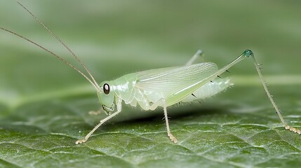 Fototapeta premium Macro Photo of a Pale Green Katydid on a Leaf