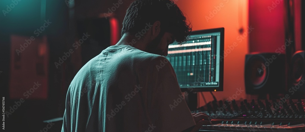 Poster a cybersecurity professional utilizes a laptop during nighttime hours for coding purposes, developin
