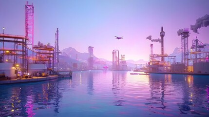 Obraz premium Neon lit futuristic cityscape featuring a towering fossil fuel powered industrial plant complex set against a hyper detailed AI managed urban environment