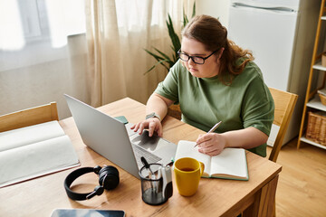 Young woman with Down syndrome confidently studying in a cozy home environment
