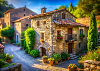Fototapeta premium Girona, Spain: Charming Stone House in Picturesque Village - Tilt-Shift Photography