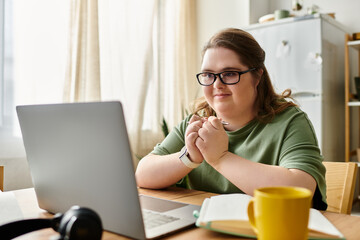 Young woman with Down syndrome exudes confidence at home while engaging with technology