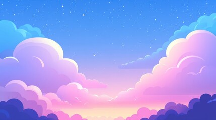 Pastel sunset sky with fluffy clouds and stars.