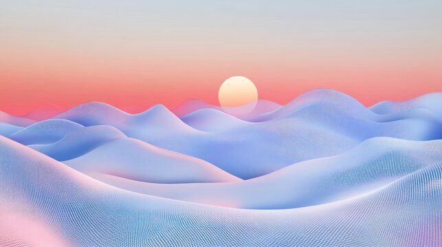 Pastel sunset over a surreal, wireframe landscape of rolling hills.