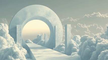 A surreal marble path leads through a circular arch into a dreamy cloud landscape.