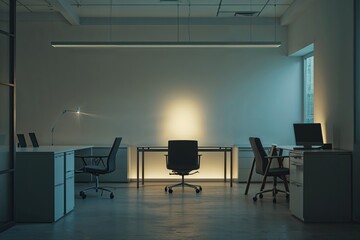 Serene Office Environment with Soft Illumination and Minimalist Atmosphere