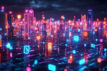 Fototapeta premium A digital cityscape made of SEO keywords and social media symbols, glowing in vibrant neon colors against a dark, immersive backdrop