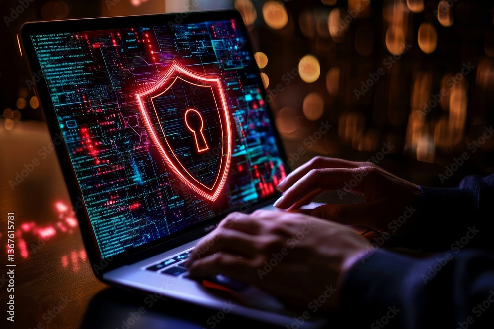 Poster a futuristic representation of cybersecurity with a digital shield and lock symbol on a background o