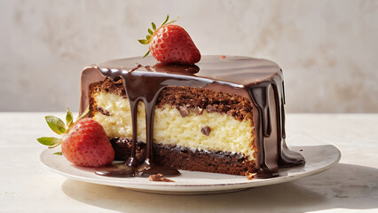 Luscious cheesecake slice with rich chocolate drizzle garnish and fresh strawberries, blueberries, and chocolate pieces. Perfect for desserts, bakery promotions, food blogs, and culinary presentations