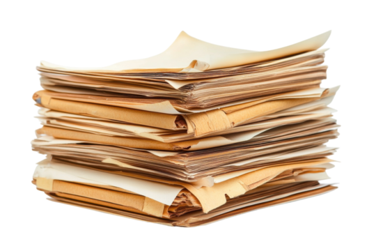 A towering stack of vintage documents waiting to be organized on a bright workspace isolated on transparent background