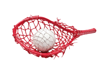 A red lacrosse stick with a white ball rests on a white background, symbolizing the sport isolated on transparent background
