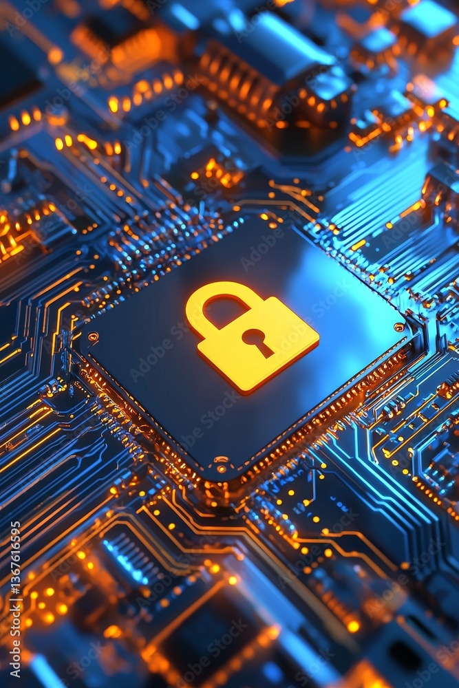 Poster on a dark background with a circuit pattern, a glowing digital lock symbol shines orange, symbolizin