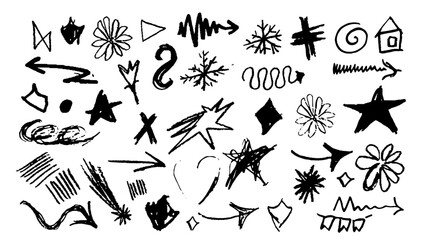 Set of black icons. Scribbles and blots.Pencil-drawn doodles.Strokes, bends, lines. Black ink stencils. Set Quirky scribbles.