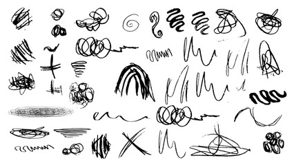 Set  of hand drawn sketch doodle elements  dirty texture.Texture abstract chalk, crayon pencil style. Vector illustration.Arrow line hand drawn brush sketch element set. Grunge square, heart, arrow .