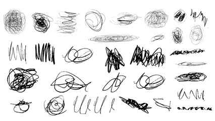 Scribbles and blots.Pencil-drawn doodles.Strokes, bends, lines. Creative abstract vector messy doodles background. Set Quirky scribbles. Black ink stencils. Paintbrush, splash, spray, ink splatter.