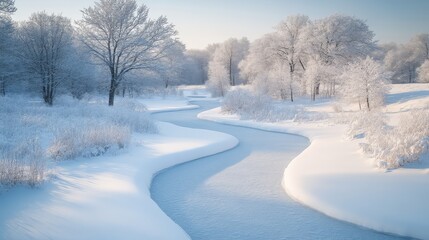 Fototapeta premium Winter Wonderland River: A serene, breathtaking winter landscape with a winding river carving its way through a snow-covered forest, bathed in the soft, ethereal light of a winter's day. 