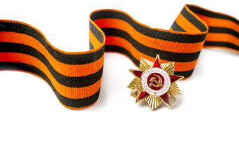 May 9 is the Day of the Great Victory of 1945 and Defender of the Fatherland Day in Russia. St. George's ribbon and order on a white background. The inscription on the badge of the Patriotic War