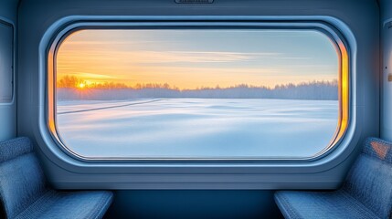 Naklejka premium Journey's View: A serene winter landscape unfolds beyond the window of a train, the snow-covered plains meeting the horizon under a sky painted with the warm hues of sunrise.