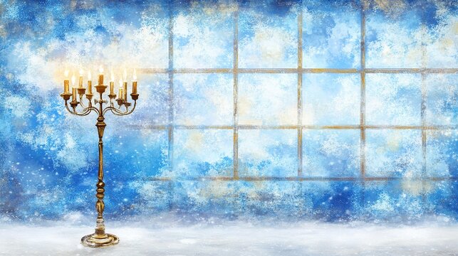 Snowfall, winter, menorah, candles, window, room, holiday, greeting card