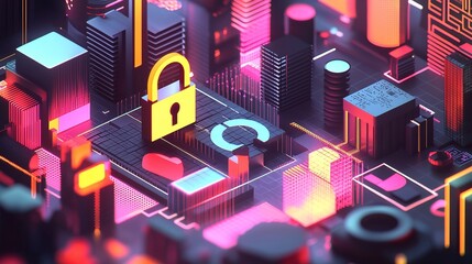 Fototapeta premium In a vibrant cybersecurity setting, a futuristic digital illustration depicts a glowing padlock