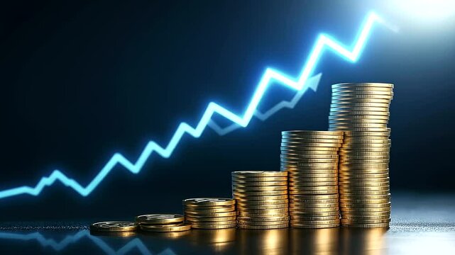 A stack of shiny gold coins arranged in ascending order beside a glowing blue financial chart with an upward trend, symbolizing wealth accumulation.