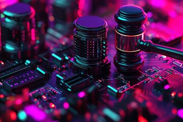 Cybersecurity law enforcement is symbolized in a digital illustration by a judges gavel set against a futuristic technology background