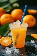 Plastic Cup of Orange Juice with Ice Cubes and Blue Straw on a Black Tabletop, Surrounded by Oranges and Green Leaves, Conveying Vibrant Colors and a Refreshing Feeling