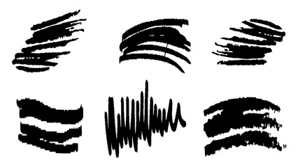Set of black Grunge brush strokes, lines, ink smudges, hand-drawn scribble shapes. Doodle strokes.Handmade sketchy marks, acrylic stains, charcoal streaks.