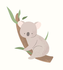 Cute koala are sitting on a tree with leaves. 
