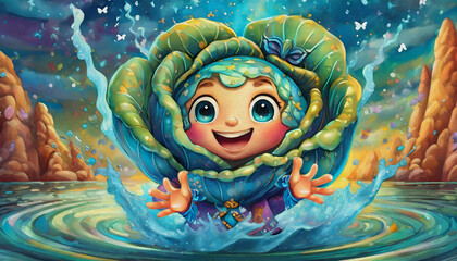 oil painting style cartoon character illustration  cabbage in water splash