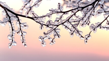 Obraz premium Frozen Branch Silhouette: Captivating close-up of a tree branch encased in ice crystals, with a soft, pastel-colored sky creating a picturesque and serene atmosphere.