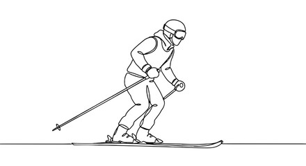 Skier in Action Gliding Downhill on Snowy Terrain  