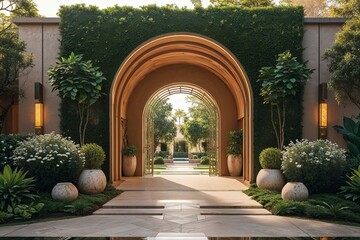 Fototapeta premium Elegant Modern Entrance Archway Surrounded by Warm Ambiance and Verdant Landscaping