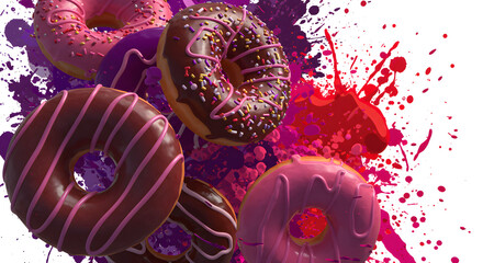 Donuts with Pink and Chocolate Drizzle in Abstract Red Splash Background