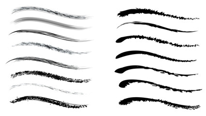 A set of brush strokes, the texture of chalk Hand drawn line chalk brush stroke arrow line set. Vector illustration Chalk crayon underline, check mark, scribble and texture in rough hand sketch style.