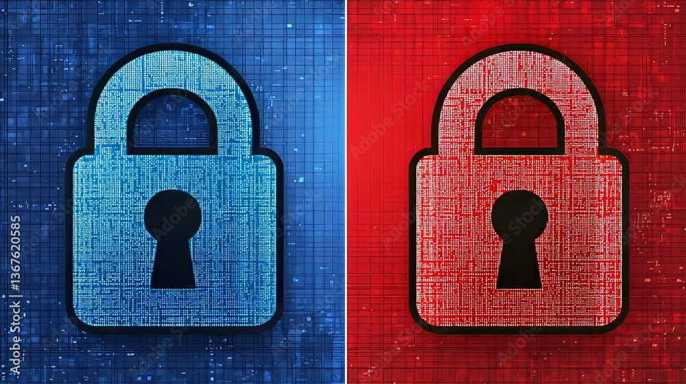Poster cybersecurity is represented by a digital lock icon and involves a tech network for data protection,