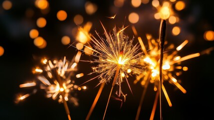 Glowing Sparks: A close-up shot of sparklers illuminating the dark night with their trails of golden sparks, ideal for adding a touch of magic and celebration to your visual content.