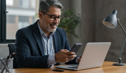 Hispanic man using smartphone and laptop in modern office setting, engaged in work and communication, showcasing productivity.