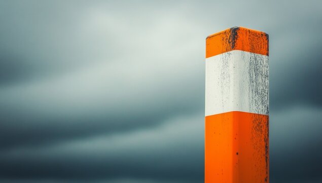 Orange and white marker post against dramatic sky