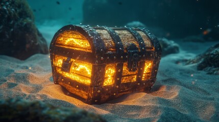 An intricately designed treasure chest glowing faintly in the sand underwater