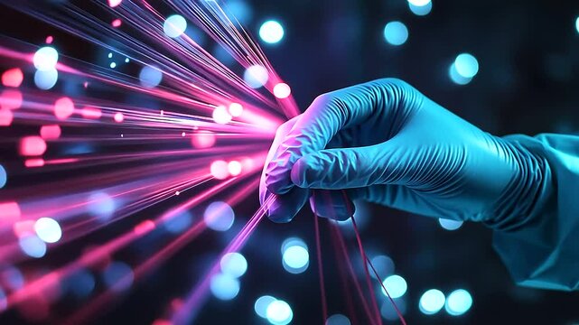Hands wearing tight-fitting blue gloves adjusting the settings on a digital spectrometer, with multi-colored light refractions glowing in the background.