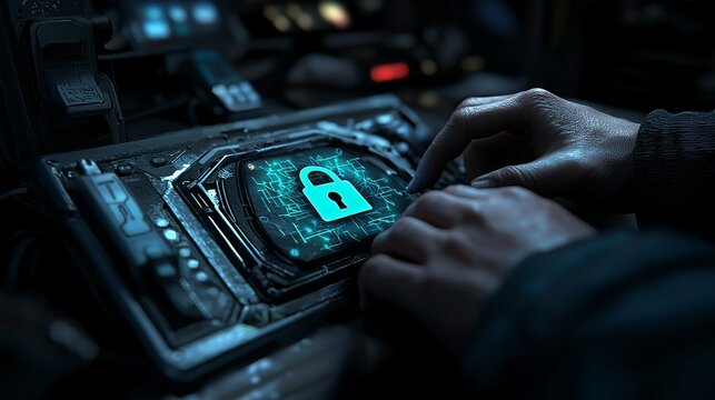 A secure system is depicted on the computer screen, showing a man typing on his laptop