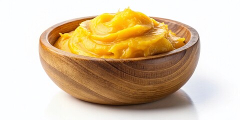 Golden Clarified Butter in Wooden Bowl, Macro Photography, Top View, Copy Space