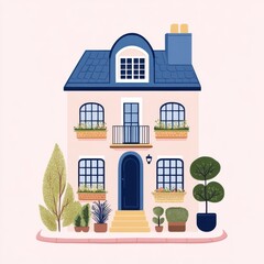 Charming Pink and Blue House Illustration with Flower Boxes