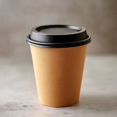 Beige paper coffee cup with black lid on gray surface